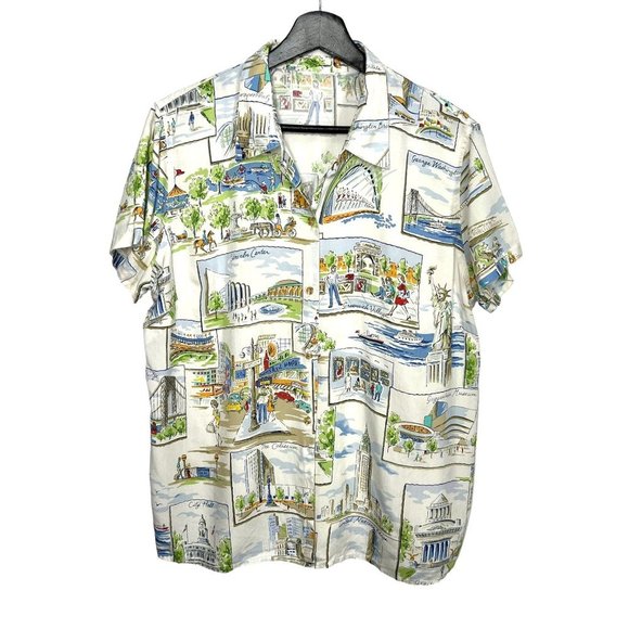New York City Tourist Attractions Print Short Sleeve Button Up Top Large - Picture 1 of 5